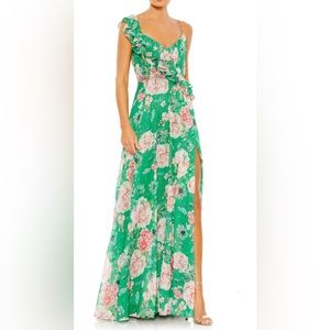 Mac Duggal Floral Ruffle Chiffon Green Wrap Dress Gown  - Size 6